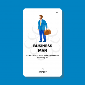 Business Man Going At Work With Suitcase Vector. Business Man Wearing Suit Go On Meeting With Partner Or Conference. Character Businessman Professional Occupation Web Flat Cartoon Illustration