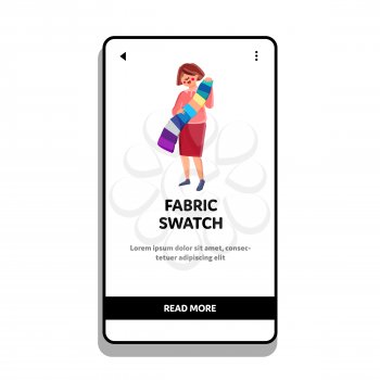 Fabric Swatch Holding Client Woman In Shop Vector. Young Girl Customer Choose Color On Fabric Swatch, Catalog With Textile Samples For New Sofa Or Armchair. Character Web Flat Cartoon Illustration