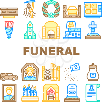 Funeral Dead Ceremony Collection Icons Set Vector. Urn And Grave, Car And Coffin, Flowers And Wreath, Candles In Church Funeral Ceremonial Equipment Line Pictograms. Contour Color Illustrations