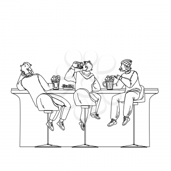 Men Drink Beer And Talk In Alcohol Bar Black Line Pencil Drawing Vector. Young Guys Drinking Alcoholic Brewed Beverage, Eating Snack And Discussing Together At Bar Counter. Characters In Pub Illustration