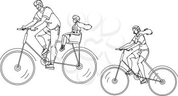 Bicyclists Family Riding Together In Park Black Line Pencil Drawing Vector. Bicyclists Mother And Father With Daughter Ride Bicycles. Characters Cyclists On Bikes Active Sport Weekend Time Illustration
