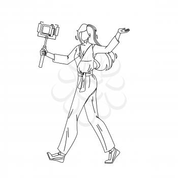Blogger Woman Recording Video With Camera Black Line Pencil Drawing Vector. Young Girl Blogger Holding Digital Gadget And Record Social Media Content. Character Streaming And Filming Illustration