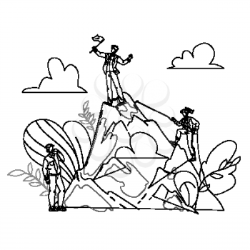 Career Growth From Clerk To Leader Chief Black Line Pencil Drawing Vector. Worker Manager, Climbing Woman And Boss On Mountain Peak With Flag, Career Growing Process. Characters Businesspeople Illustration