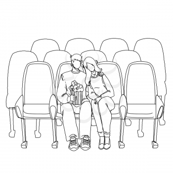 Cinema Audience Man And Woman Watching Film Black Line Pencil Drawing Vector. Boyfriend And Girlfriend Watch Romantic Or Comedy Movie In Cinema And Eating Popcorn Together. Characters Illustration