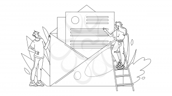 People Opening And Reading Email Message Black Line Pencil Drawing Vector. Young Man And Woman Open And Read Electronic Mail Message. Characters With Letter Social Internet Communication Illustration
