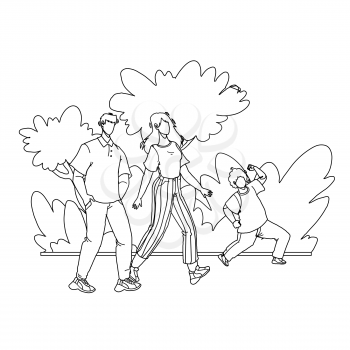 In Family Park Walking Parents With Child Black Line Pencil Drawing Vector. Father, Mother And Son Walk Together In Family Park. Characters Man, Woman And Boy Kid Happy Leisure Time Outdoor Illustration