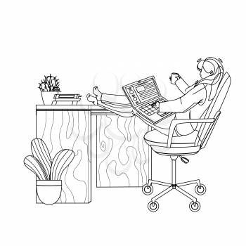 Freelancer Girl Working On Laptop At Home Black Line Pencil Drawing Vector. Young Woman Freelancer With Drink Cup Work Online On Computer At Desk. Character Businesswoman Remote Job Illustration