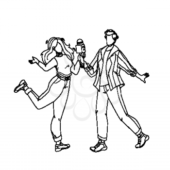 Couple Singing In Karaoke Club Together Black Line Pencil Drawing Vector. Young Man And Woman Sing Song With Microphone In Karaoke Nightclub. Characters People Party, Activity Funny Time Illustration