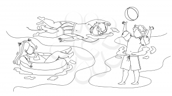 Kids Swimming And Playing In Waterpool Black Line Pencil Drawing Vector. Boy Play With Ball And Swim, Girl Floating On Lifebuoy, Children In Swimming Pool. Characters Summer Vacation Playful Time Illustration