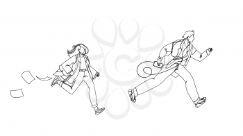 Late Person Man And Woman Running On Street Black Line Pencil Drawing Vector. Young Boy With Music Player And Girl With Briefcase Run And Late For Work Or Bus. Characters Businesspeople Illustration
