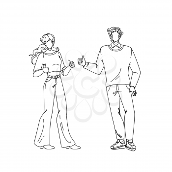 Like Gesture Showing Boy And Girl Couple Black Line Pencil Drawing Vector. Friendly Young Man And Woman Gesturing Like Together. Characters Friends Approving Or Positive Feedback Emotion Illustration
