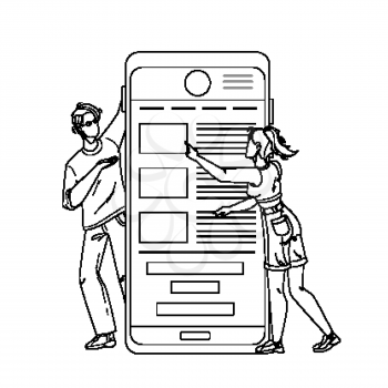 Mobile Application Using Man And Woman Black Line Pencil Drawing Vector. Young Boy And Girl Use Phone Application. Characters Click Smartphone Screen Software, App Electronic Technology Illustration