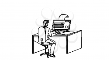 Man Filling Online Tax Form On Computer Black Line Pencil Drawing Vector. Businessman Fill Online Tax Information Electronic Financial Document. Character Working Economic Finance Report Illustration