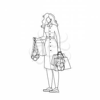 Woman Holding Recycling Shopping Packages Black Line Pencil Drawing Vector. Young Girl Hold Recycling Shopping Cotton Mesh And Paper Eco Bags With Grocery Products. Character Customer Client Illustration
