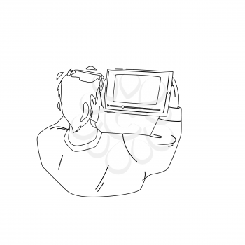 Man Watching Video On Tablet Digital Device Black Line Pencil Drawing Vector. Young Boy Watching Video On Electronic Gadget. Character Watch Online Movie Stream Or Film On Mobile Media Technology Illustration