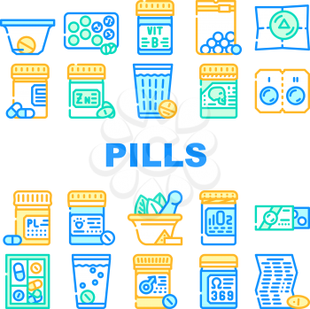 Pills Medicaments Collection Icons Set Vector. Pills Package And Glass With Water, Instruction And Pillbox Container, Medical Treatment Concept Linear Pictograms. Contour Color Illustrations