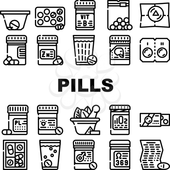 Pills Medicaments Collection Icons Set Vector. Pills Package And Glass With Water, Instruction And Pillbox Container, Medical Treatment Black Contour Illustrations