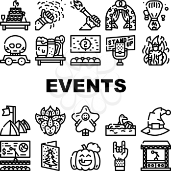 Events And Festival Collection Icons Set Vector. Rock And Oktober Fest, Standup And Pool Party, Fantasy Costume And Facial Mask Events Black Contour Illustrations