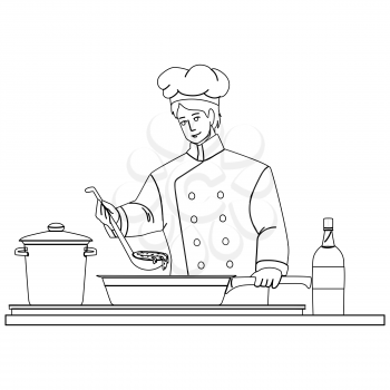 Chef Man Cooking On Restaurant Kitchen Black Line Pencil Drawing Vector. Chef Guy Preparing Delicious Dish. Cooker Wearing Professional Suit And Hat Cook Delicacy Meal Food In Kitchenware Illustration