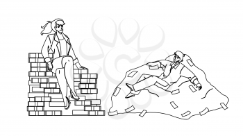 On Heap Of Money Relaxing Businesspeople Black Line Pencil Drawing Vector. Businessman And Businesswoman Enjoying On Heap Of Money, Financial Business. Rich Man And Woman On Banknotes Illustration