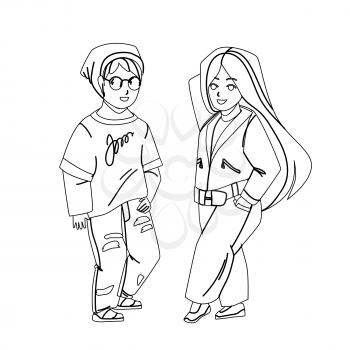 Kids Wearing Fashion Clothes Stay Together Black Line Pencil Drawing Vector. Children In Fashion Clothing With Accessories Posing On Model Show And Presenting Elegant Garment. Characters Illustration