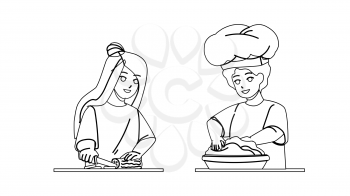 Kids Cooking Salad And Dessert Together Black Line Pencil Drawing Vector. Boy Prepare Dough For Baking Pie And Girl Cut Cucumber For Vitamin Dish, Kids Cooking On Kitchen. Preparing Food Illustration