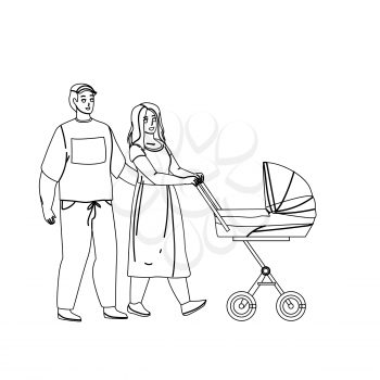 Parents Walking With Kid Stroller Together Black Line Pencil Drawing Vector. Young Father And Mother Walk With Newborn Baby Stroller In Park. Characters Family Funny Leisure Time Outdoor Illustration