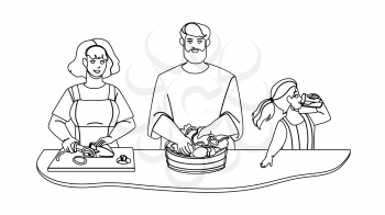 Kitchen Breakfast Preparing Family Together Black Line Pencil Drawing Vector. Mother Cutting Paprika Vegetable, Father Prepare Salad Breakfast And Daughter Drinking Juice. Morning Food Illustration