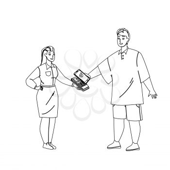 Mobile Payment Making Customer In Store Black Line Pencil Drawing Vector. Young Man Make Mobile Payment With Smartphone In Store For Purchase. Characters Digital Electronic Technology Illustration