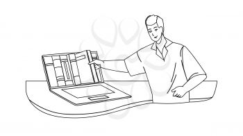 Online Library Service For Reading Book Black Line Pencil Drawing Vector. Young Man Choosing Literature In Online Library. Character Internet Resource For Education And Leisure Time Illustration