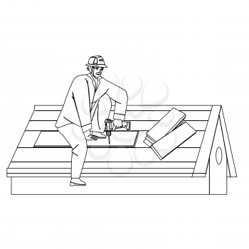 Roofer Installing Wooden Or Bitumen Shingle Black Line Pencil Drawing Vector. Roofer Man Fixing House Roof With Electronic Screwdriver. Character Repairman Worker Repair Occupation Illustration