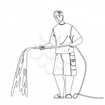 Farmer Watering Garden Agricultural Plant Black Line Pencil Drawing Vector. Farmland Worker Young Man Watering Growing Vegetable. Character Gardener Agriculture Occupation Activity Illustration