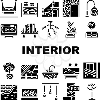 Interior Style Design Collection Icons Set Vector. Hanging Bed And Chair, Tree Plant In House And Solid Stone Washbasin Interior Furniture Glyph Pictograms Black Illustrations