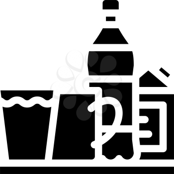 water and milk, tea and juice drinks on tray glyph icon vector. water and milk, tea and juice drinks on tray sign. isolated contour symbol black illustration
