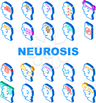 Neurosis Brain Problem Collection Icons Set Vector. Patient Neurosis And Disorder, Persecution Mania And Panic, Confused And Disorientation Color Illustrations