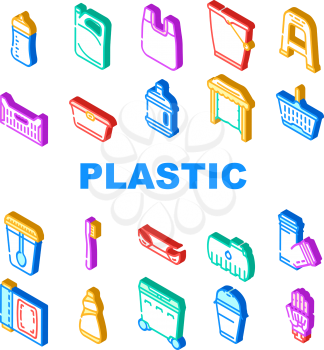 Plastic Accessories Collection Icons Set Vector. Bumper Car Part And Polypropylene Pipes, Plastic Food Package And Drink Cup, Prosthesis And Box Color Illustrations