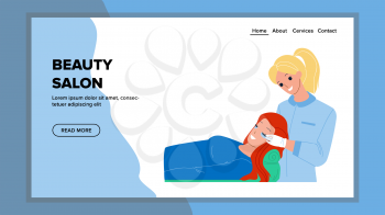 Beauty Salon Procedure Treatment Customer Vector. Stylist Make Cosmetology Correction For Young Woman In Beauty Salon. Characters Client Applying Cosmetic Web Flat Cartoon Illustration
