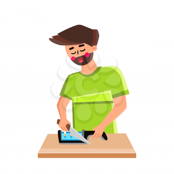 Knife Sharpener Man Use For Prepare Utensil Vector. Young Boy Chef Using Kitchen Tool For Sharpening Steel Knife Kitchenware. Character Preparing Metallic Equipment Blade Flat Cartoon Illustration