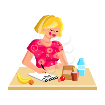 Shopping List Writing Girl On Kitchen Table Vector. Young Woman Making Shopping List For Buying Products In Grocery Shop, Ingredients For Cooking. Character Flat Cartoon Illustration