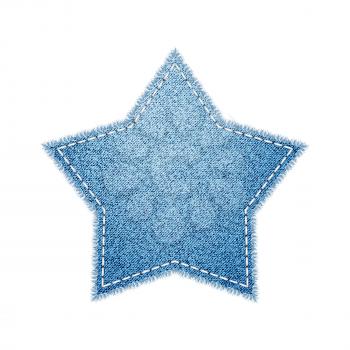 Star Denim Shape For Decorating Clothing Vector. Blank Decorative Fabric Denim Shape With Stitches Thread For Fix Clothes. Ornamental Jeans Tissue Patch Template Realistic 3d Illustration