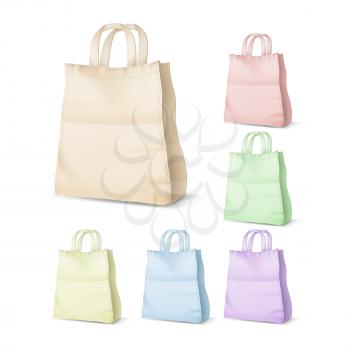 Shopping Bag Different Color Collection Set Vector. Fabric Blank Shopping Bag For Carrying Product Or Goods From Market. Carry Packaging Shopper Accessory Template Realistic 3d Illustrations