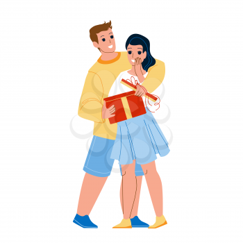 Boyfriend Give Gift For Girlfriend On Date Vector. Young Man Giving And Open Gift Box To Lovely Sweetheart Girl. Characters Couple Present And Relationship Flat Cartoon Illustration