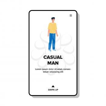Casual Man With Positive Emotion Standing Vector. Smiling Young Casual Man In Stylish Clothing Standing Alone On Street. Character Guy Walking Outdoor Web Flat Cartoon Illustration