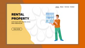 Rental Property Broker Business Occupation Vector. Businessman Manager Presenting House Residence Or Apartment For Rental Property. Character Agent Realtor Web Flat Cartoon Illustration