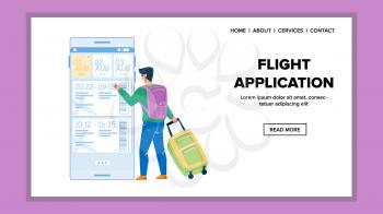Flight Application For Buy Airplane Ticket Vector. Man Traveler With Luggage Using Flight Application For Buying Journey Trip Or Registration On Plane. Character App Web Flat Cartoon Illustration