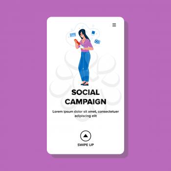 Social Campaign Success Marketing Strategy Vector. Successful Social Campaign Organizing Young Woman On Smartphone Digital Gadget. Character Online Business Web Flat Cartoon Illustration