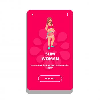 Slim Girl Checking Waistline After Diet Vector. Young Beautiful Slim Girl Body With Centimeter After Press Workout. Sporty Character Woman With Shapely Figure Web Flat Cartoon Illustration
