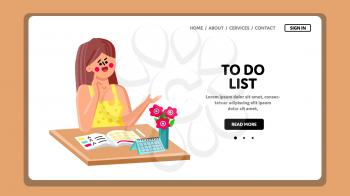 Businesswoman To Do List Strategy Planning Vector. Young Business Woman To Do List For Plan Weekly Tasks. Character Girl Employee Work With Planner At Table Web Flat Cartoon Illustration