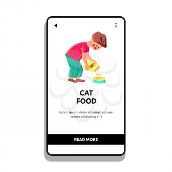 Cat Food Boy Pouring From Bag In Plate Vector. Guy Child Feeding Cat Food Domestic Animal And Filling Plate For Feed From Package. Character Kid Care Kitty Web Flat Cartoon Illustration