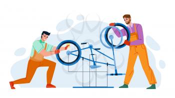 Bicycle Repair Service Men Workers Fixing Vector. Young Guys Examining And Repairing Bicycle Parts. Characters Repairman Transport Maintenance Professional Work Flat Cartoon Illustration